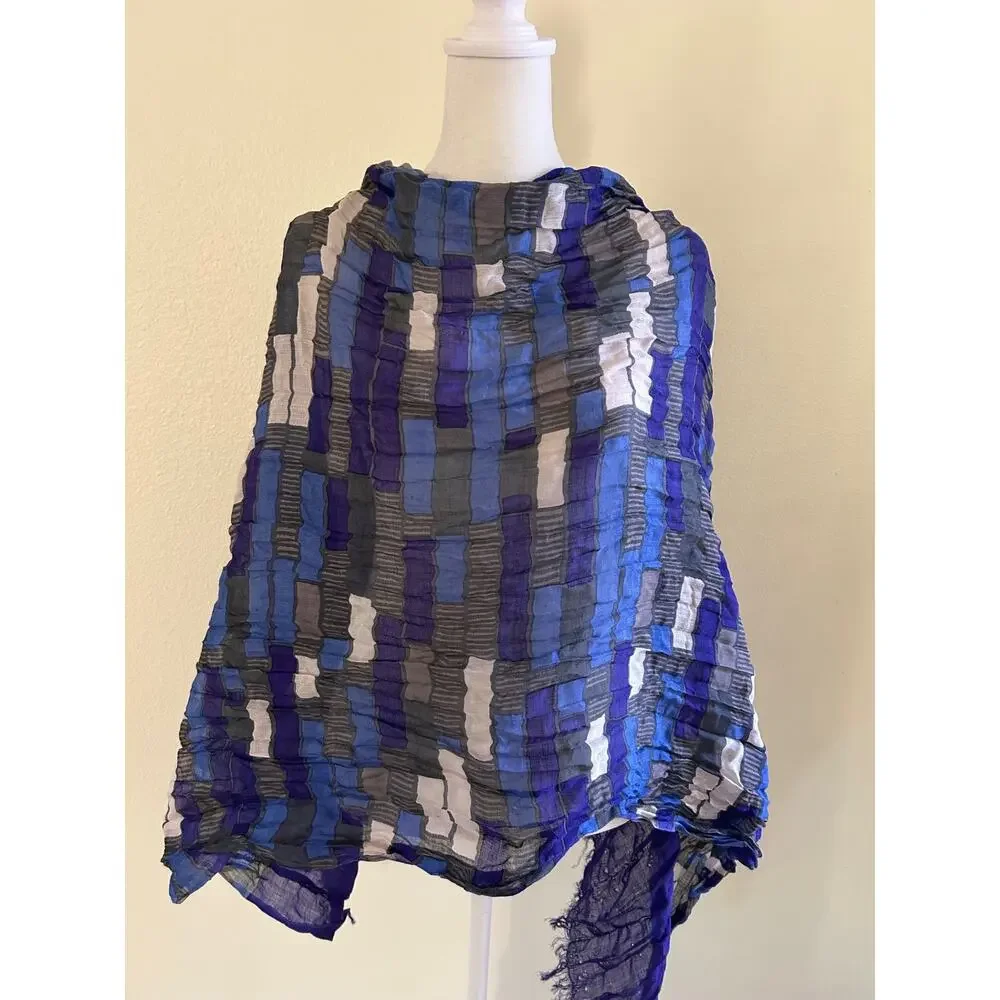 Banana Republic Silk Wool Scarf Purple Blue Geometric Crinkle Fringe Wrap Shawl